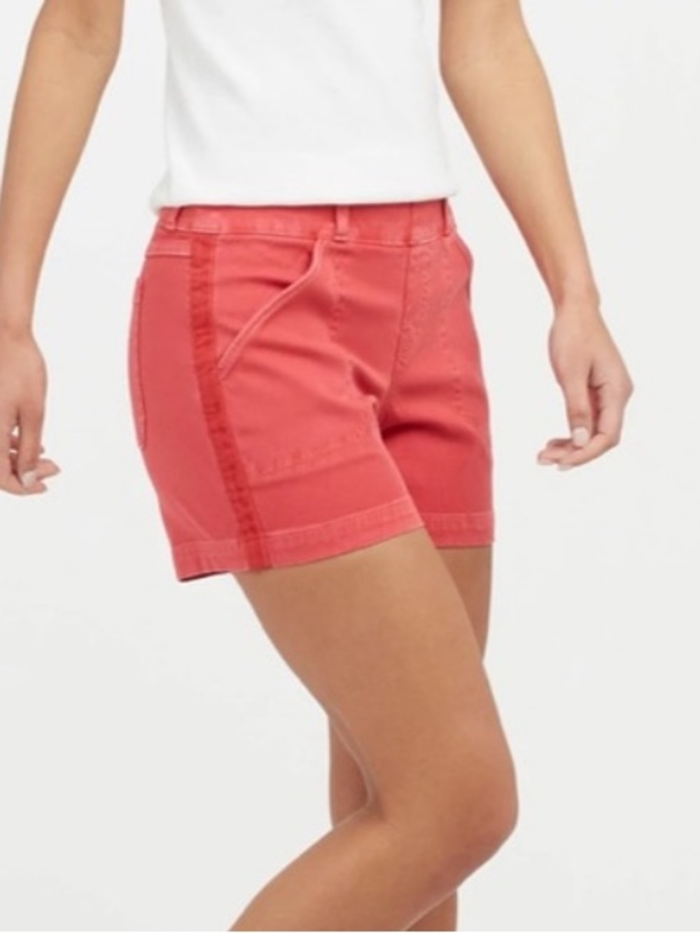 Spanx Stretch Twill Shorts Womens XL Pink Red Side Stripe Pull On Summer